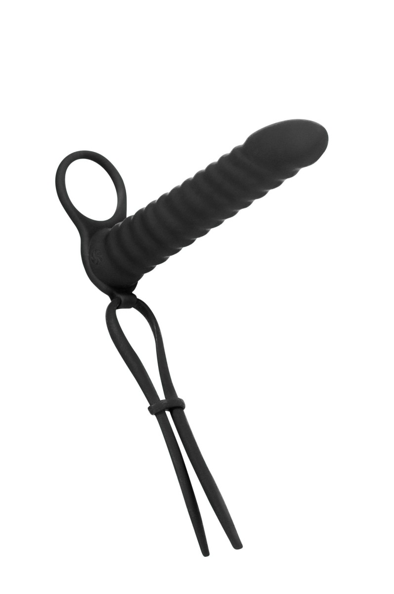 Návlek na penis Lola Games Pure Passion Rori čierny, vibračný nadstavec na dvojitú penetráciu 18,5 x 2,7 cm