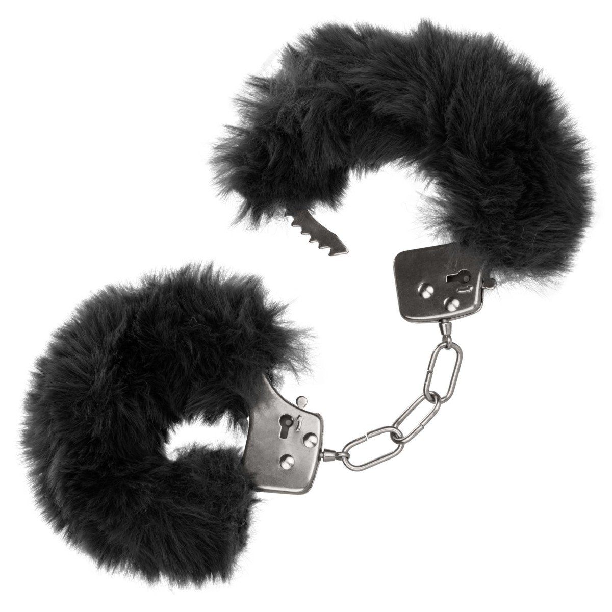 Plyšová pouta CalExotics Ultra Fluffy Furry Cuffs černá, kovová pouta s plyšem