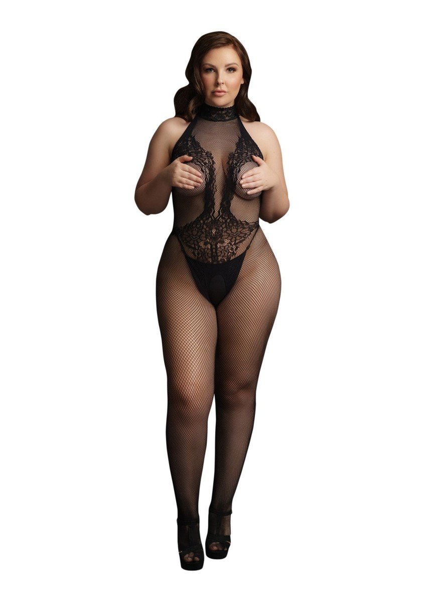 Le Désir High Neck Fishnet and Lace Bodystocking Plus Size, čierne priesvitné erotické bodystocking s otvoreným rozkrokom