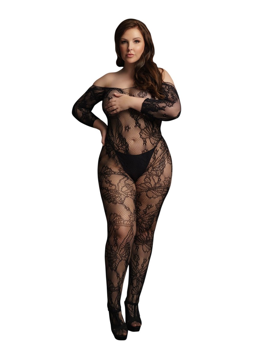 Le Désir Lace Sleeved Bodystocking Plus Size, čierne priesvitné erotické body s otvoreným rozkrokom