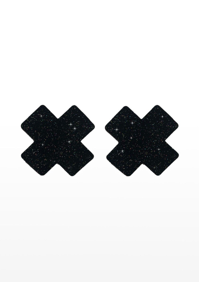 Samolepky na bradavky Taboom Nipple X Covers černé, třpytivé samolepky na bradavky ve tvaru X 2 ks