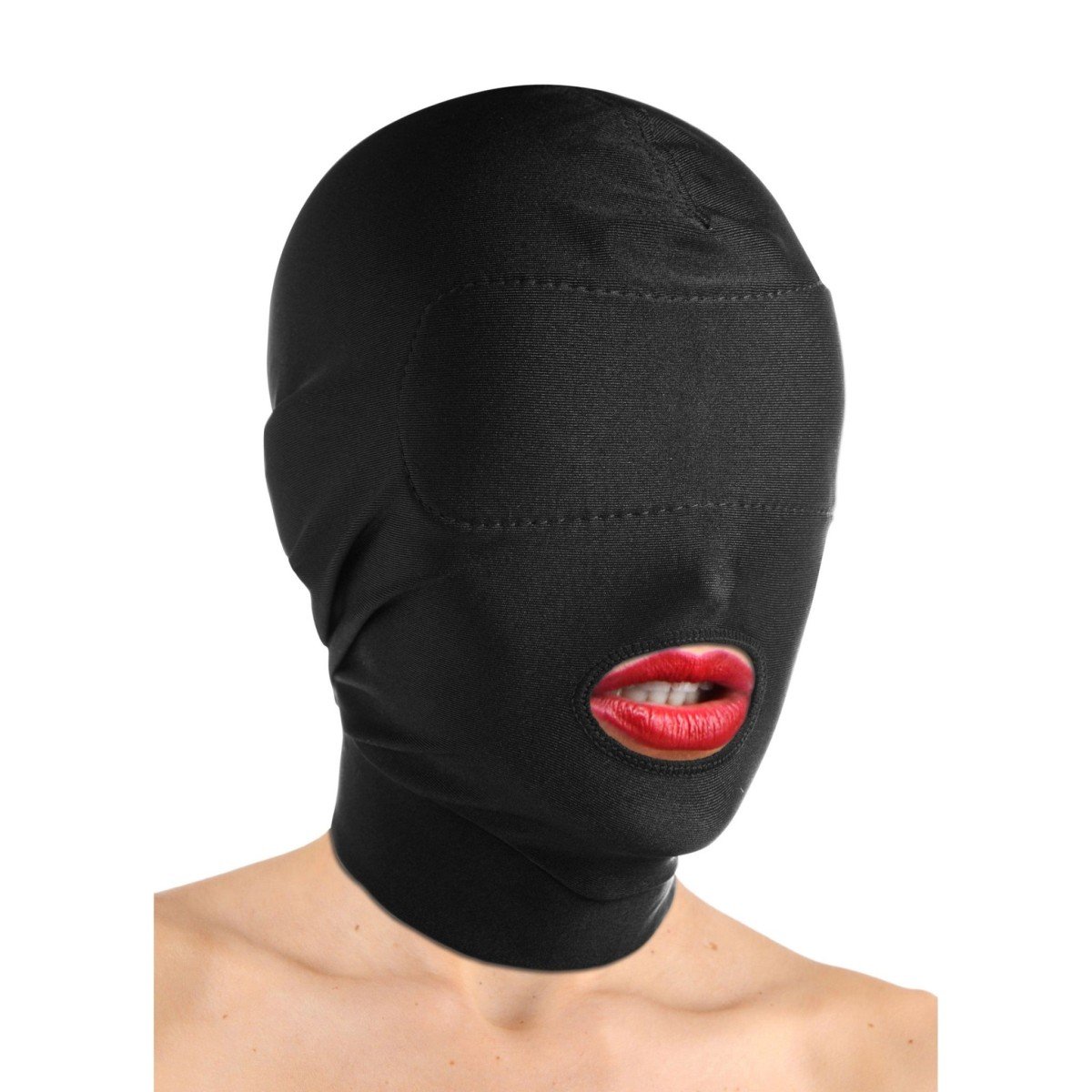 Slave4master Disguise Open Mouth Hood with Padded Blindfold, spandexová černá kukla s otvorem na ústa