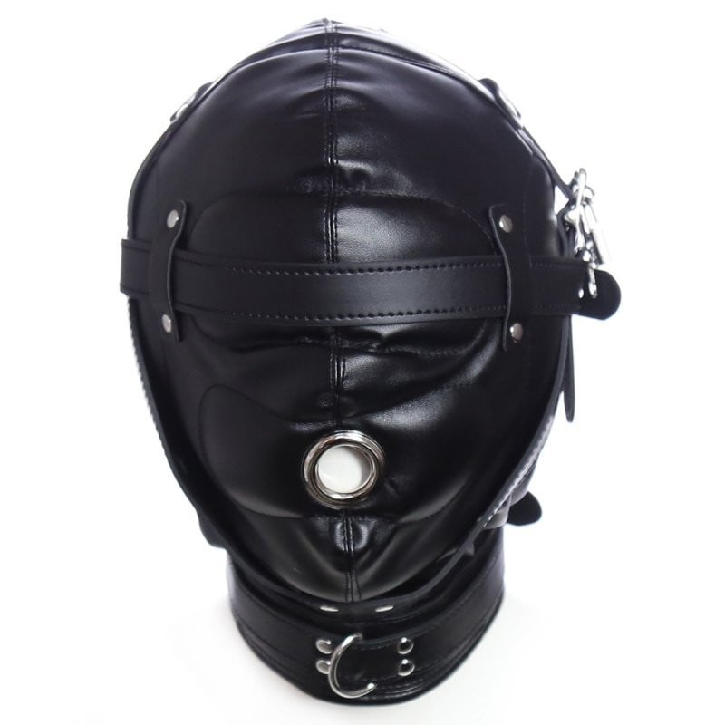 Slave4master Blindfolded Hood With Mouth Hole, černá kukla s otvorem na ústa a šněrováním