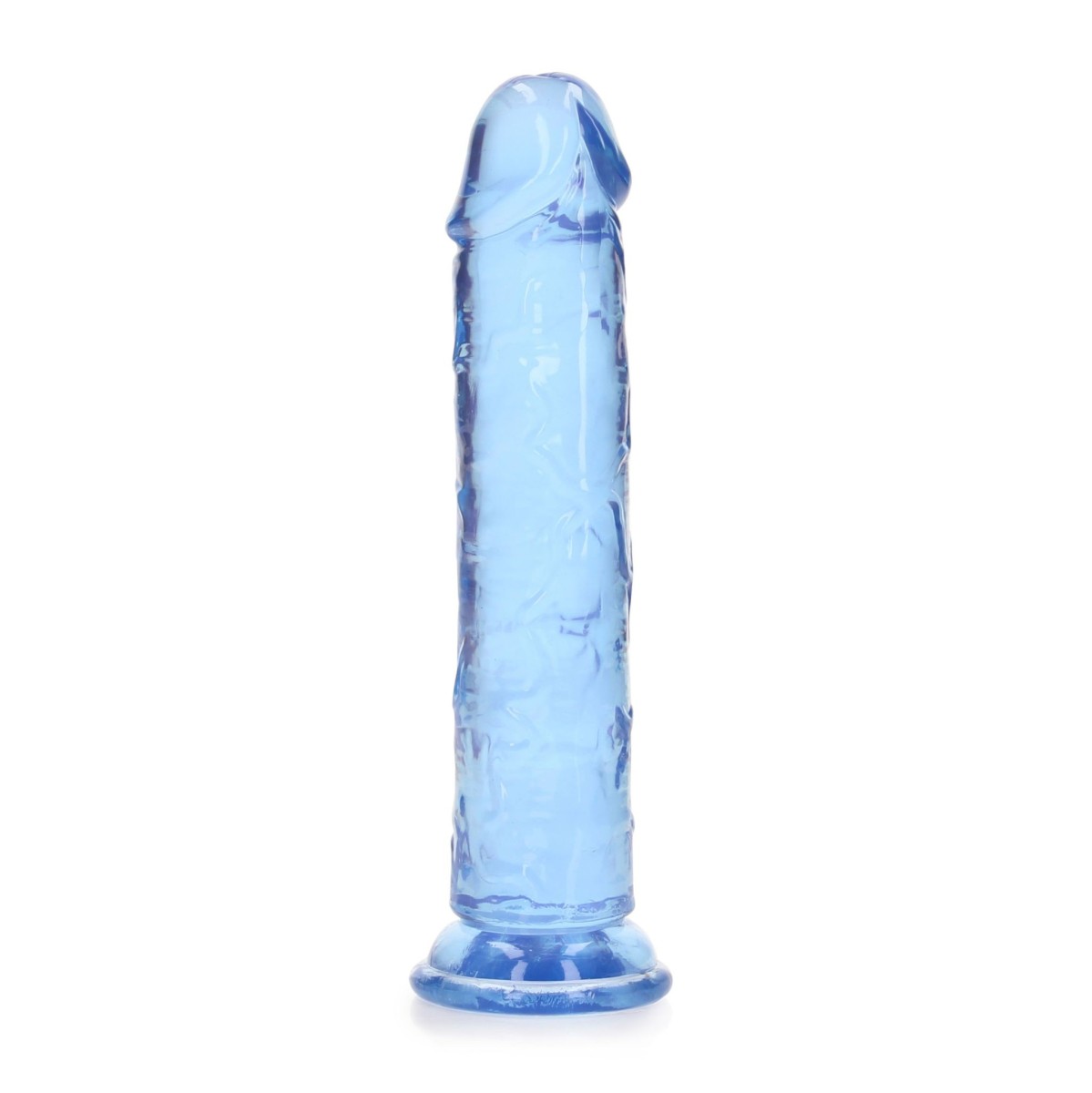 Gelové dildo RealRock Crystal Clear Realistic 7″ modré, dildo s přísavkou 20 x 3,8 cm