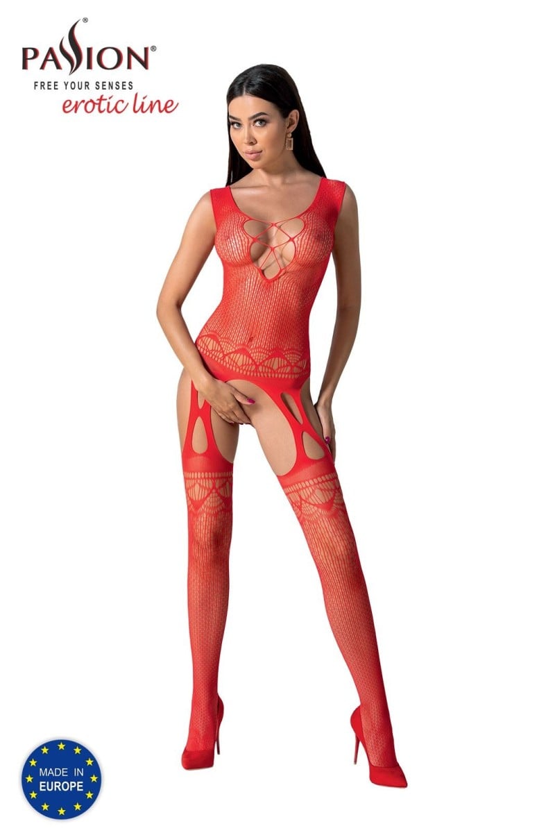 Passion BS099 Bodystocking Red, síťované erotické bodystocking s otevřeným rozkrokem