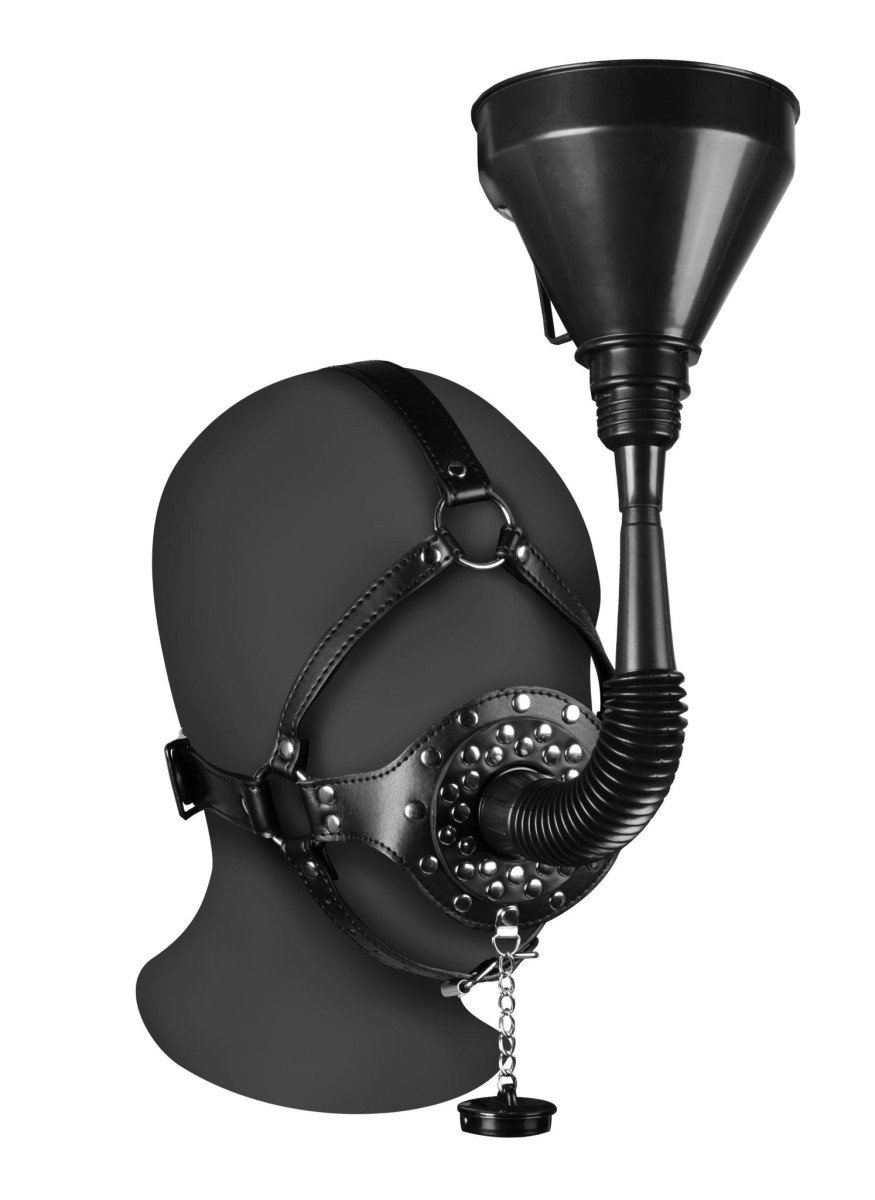 Shots Ouch! Xtreme Open Mouth Gag Head Harness with Funnel, postroj na hlavu pro piss play
