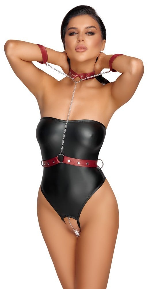 Erotické body Cottelli Bondage Sarah M, černo-červené body s odnímatelnými pouty