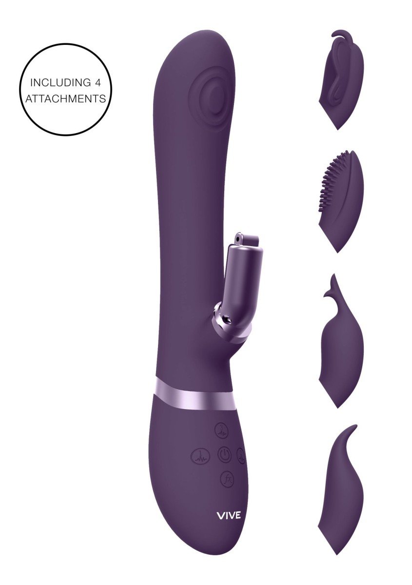 Rabbit vibrátor s pulzátorem Vive Etsu fialový, silikonový vibrátor na bod G a klitoris s vyměnitelnými nástavci 22,3 x 3,3 cm