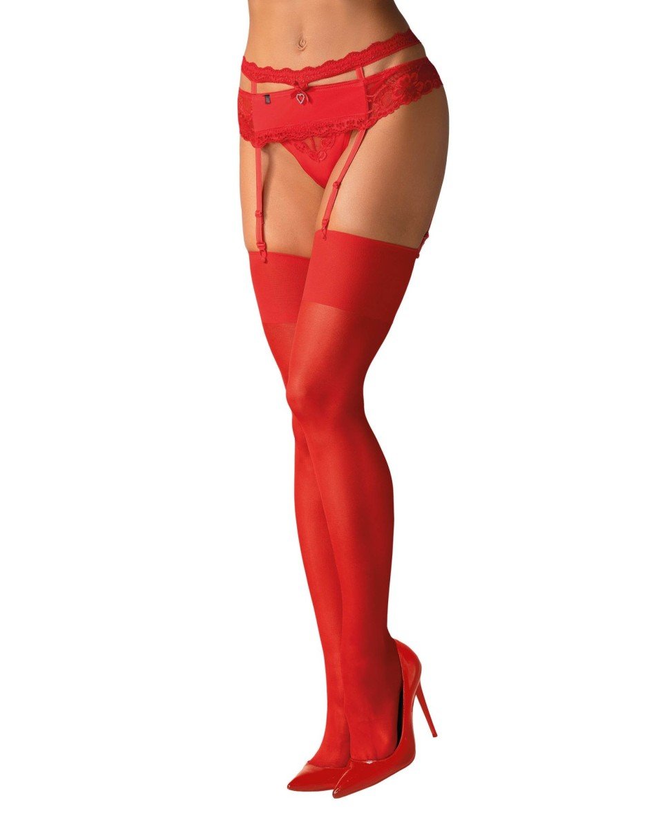 Punčochy Obsessive S800 Stockings červené S/M, dámské punčochy se širokým okrajem