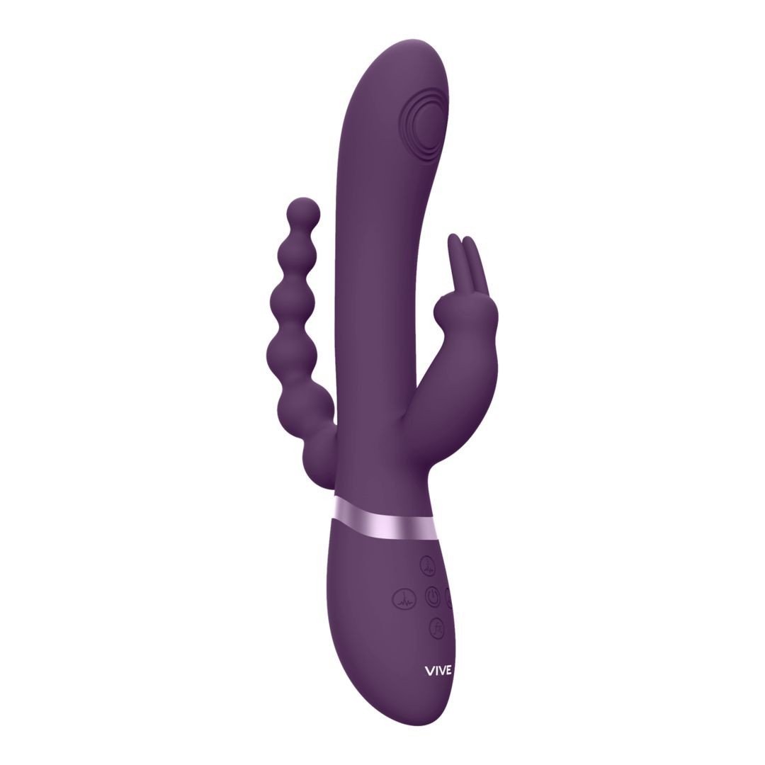 Vibrátor s trojí stimulací Vive Rini fialový, vibrátor na bod G, klitoris i anál s pulzátorem