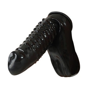 Mister B Rubber Cock and Ball Sheath with Dots, černý latexový návlek na penis a varlata s výstupky