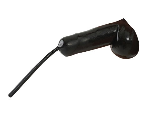 Mister B Rubber Cock and Ball Sheath with Tube, černý latexový návlek na penis a varlata s trubičkou