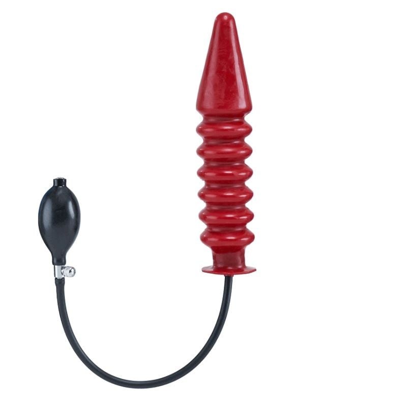 Nafukovací dildo Mister B Solid Ribbed L červené, žebrované nafukovací dildo s pevným jádrem 28 x 3,3–6,5 cm