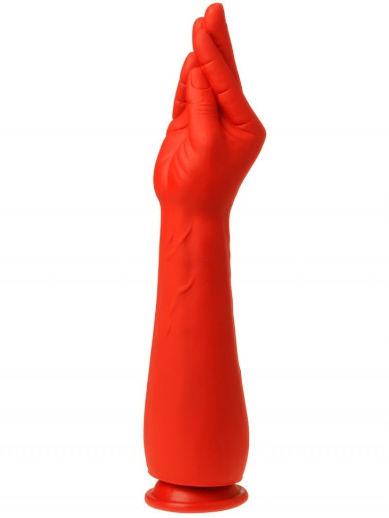 M&K Stretch Fist No. 1, červené silikonové dildo s přísavkou 38 x 5,6–8 cm