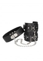 Ouch! Black & White Bonded Leather Collar with Wrist Cuffs