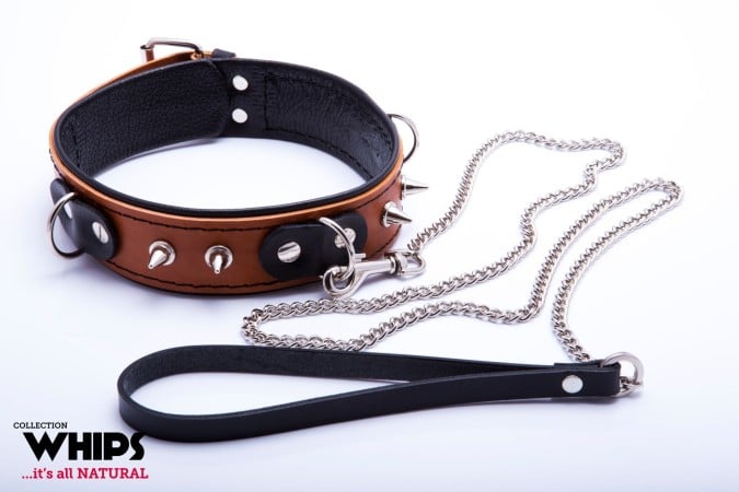 Whips Slave Leather Collar with Leash for Him Cognac