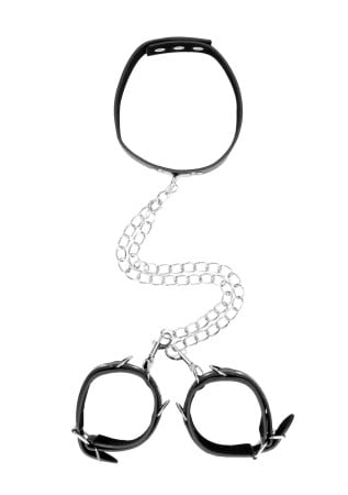 Ouch! Black & White Bonded Leather Collar with Wrist Cuffs